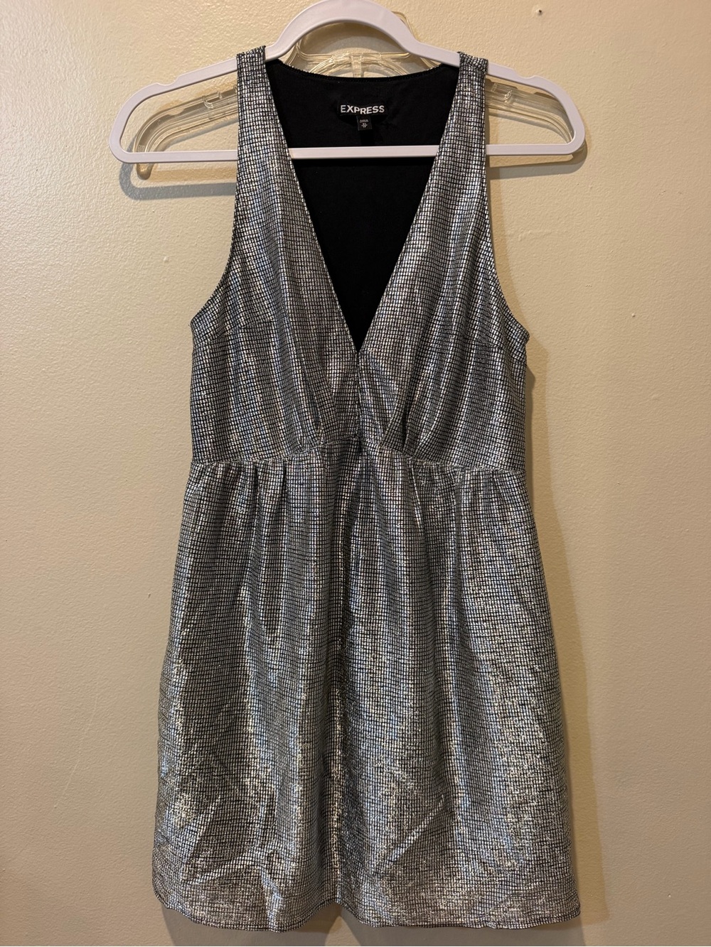 Express Silver Metallic V-Neck Mini Dress